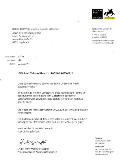 Brief der Joachim Herz Stiftung (Auszug) mit der Information über den 5. Platz beim Wettbewerb